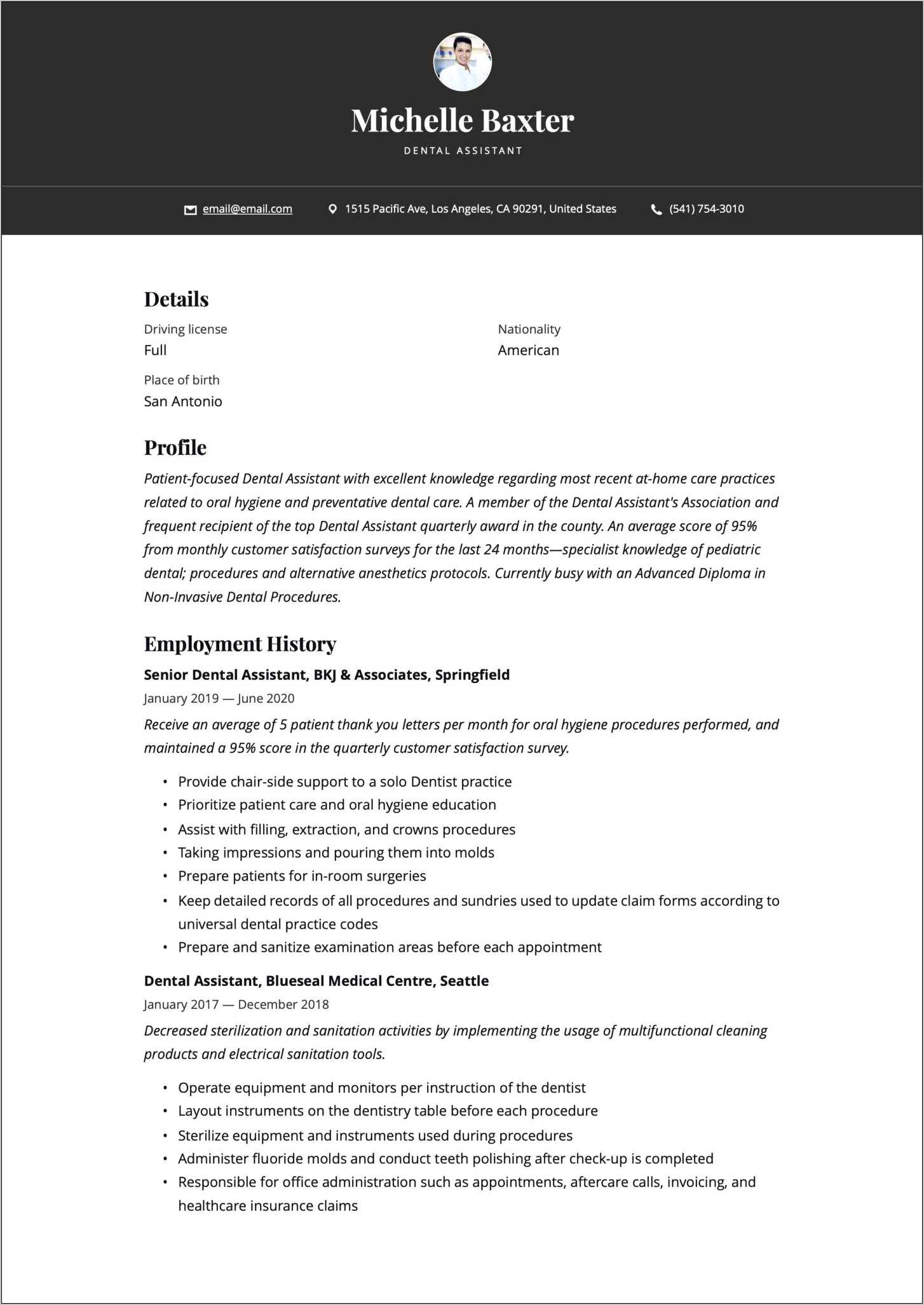 Resume For Apply Job As Dental Assistant