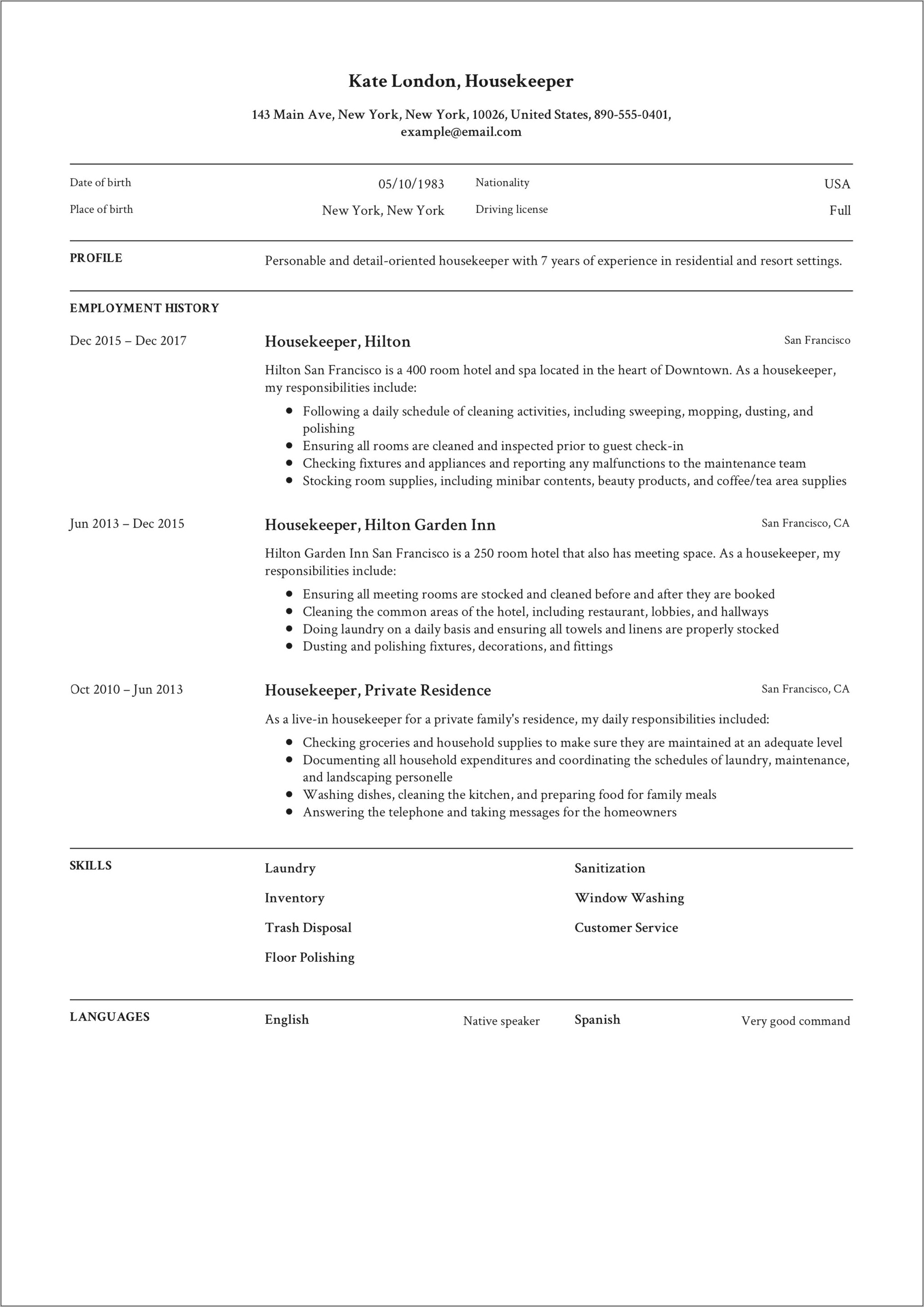 Resume For Applying For A Housekeeping Hotel Job