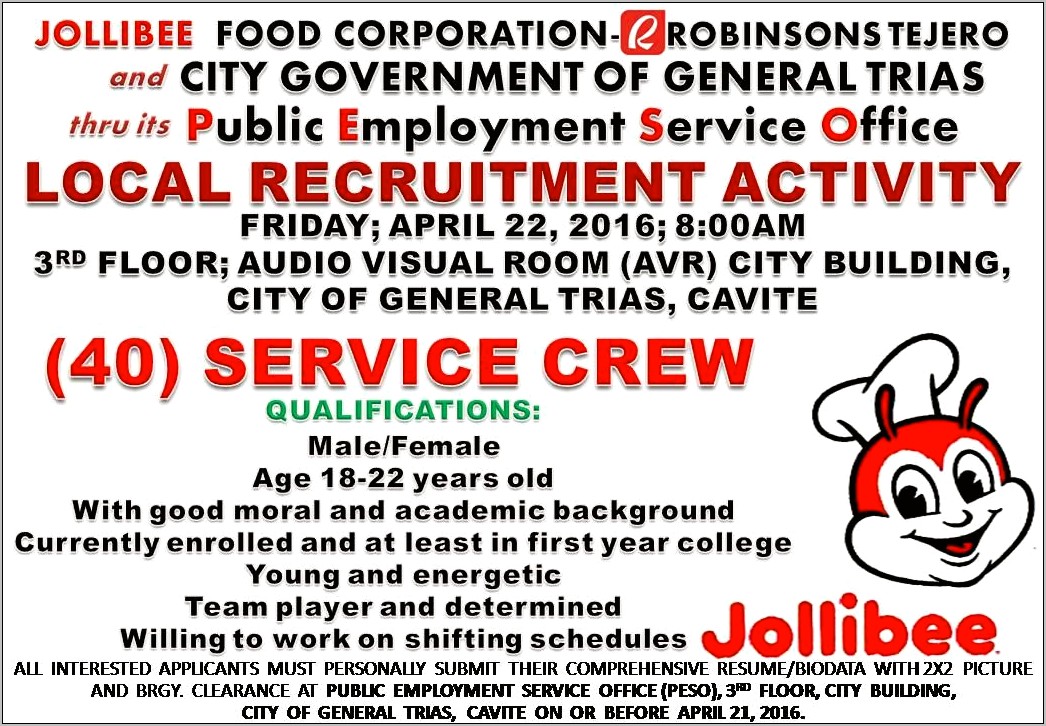 Resume For Applying Job In Jollibee