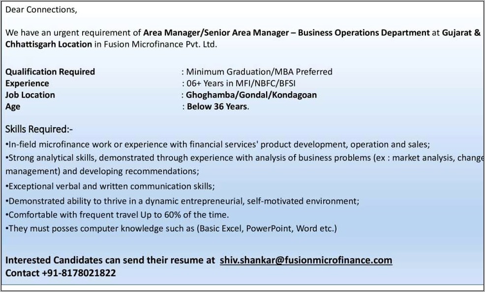Resume For Area Manager In Microfinance
