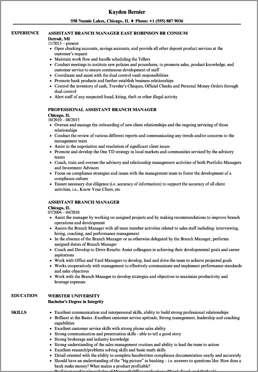 Resume For Assistant Manager In Bank