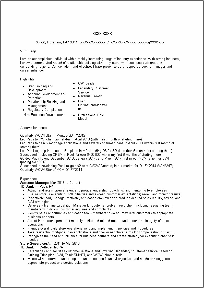 Resume For Assistant Manager In Banks
