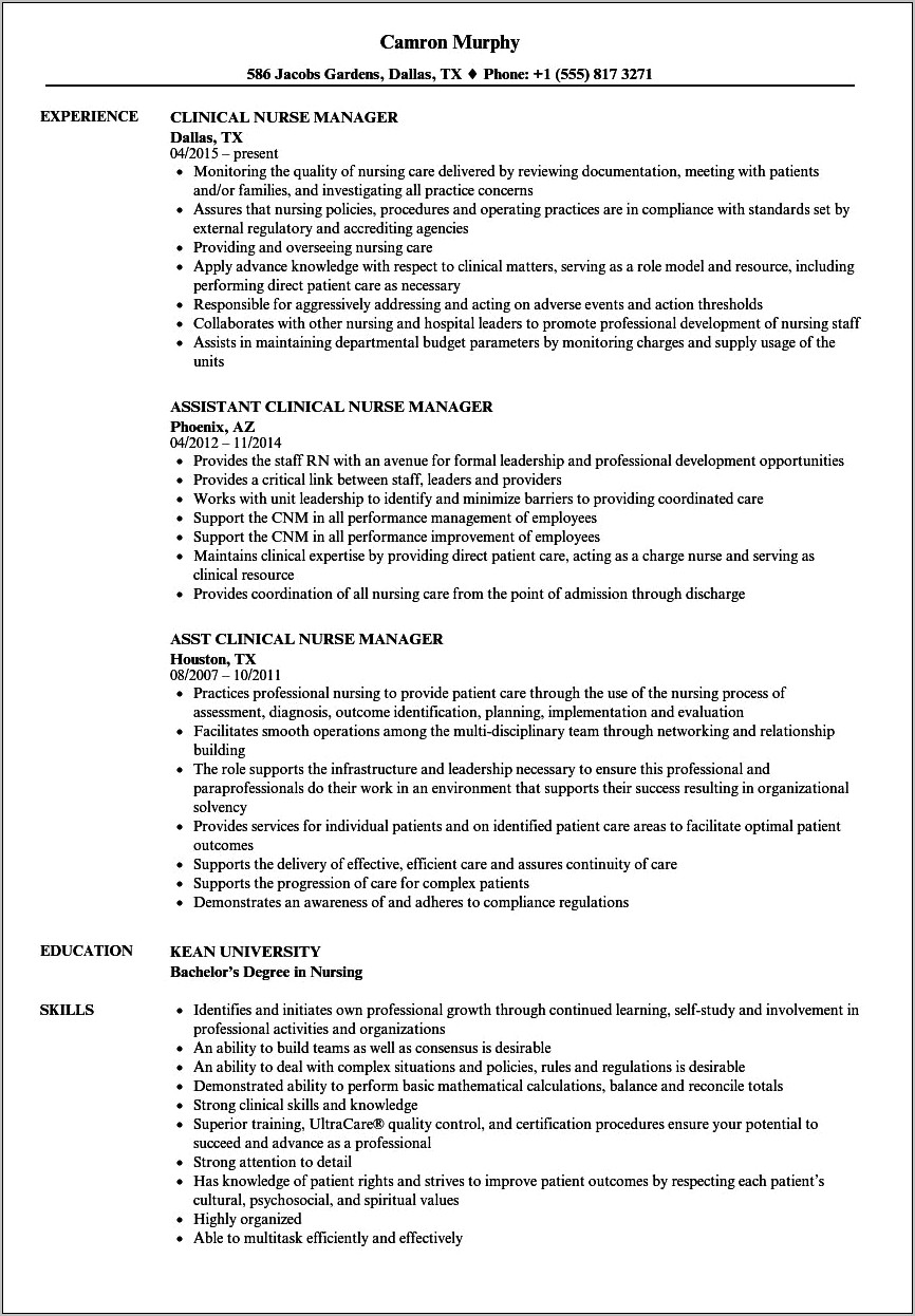 Resume For Assistant Nurse Manager Position