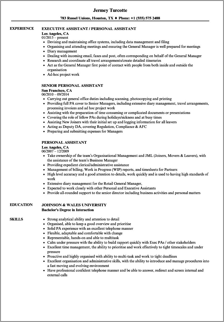 Resume For Assistant Of Ceo Template