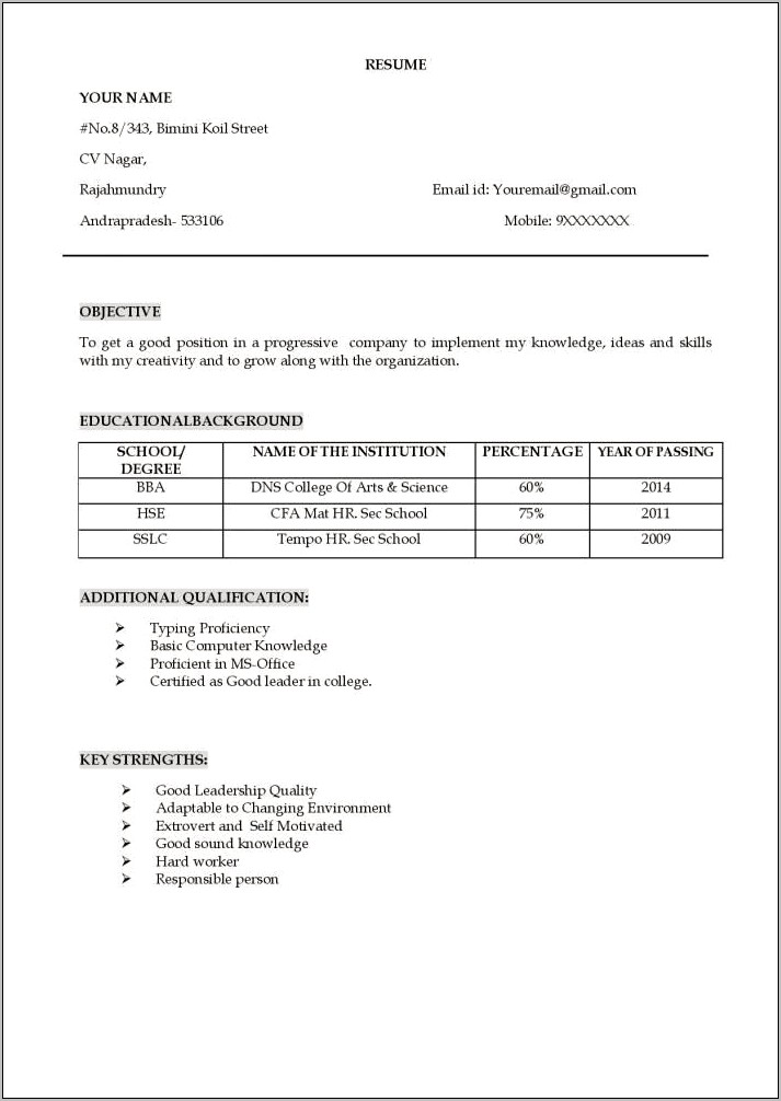 Resume For Bba Freshers Word File Download