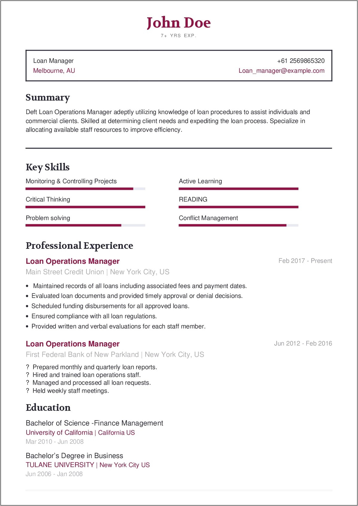 Resume For Branch Manager Payday Loan Store