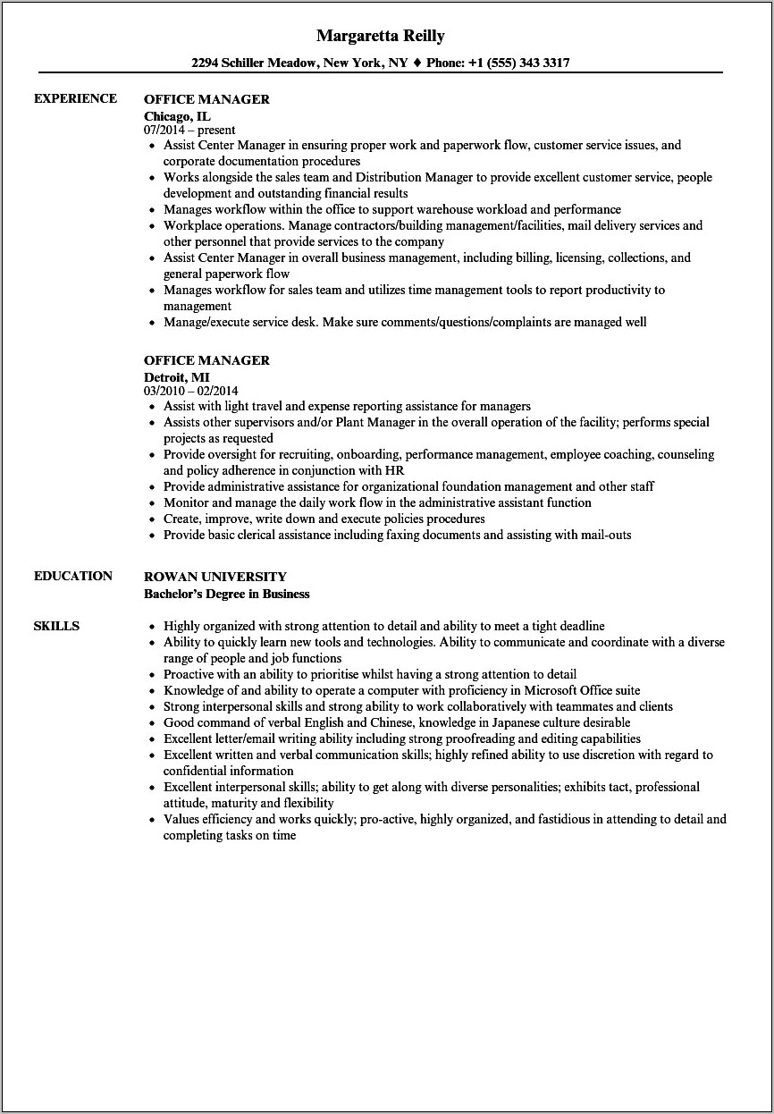 Resume For Business Office Manager Position