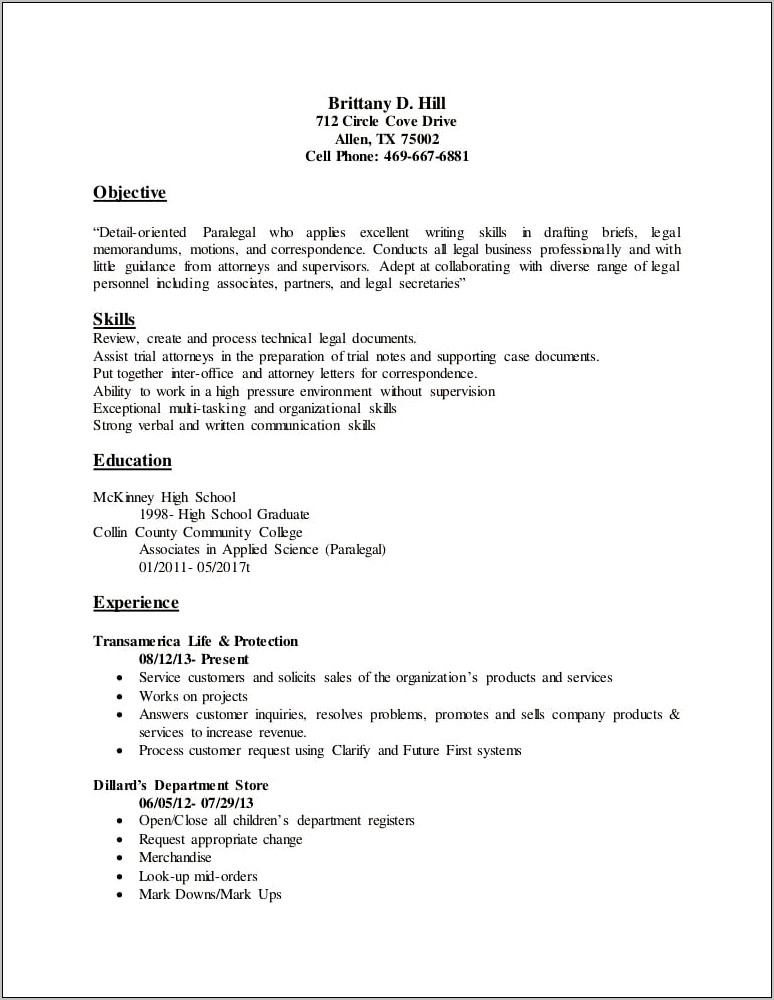 Resume For Business Owner Looking For Paralegal Job