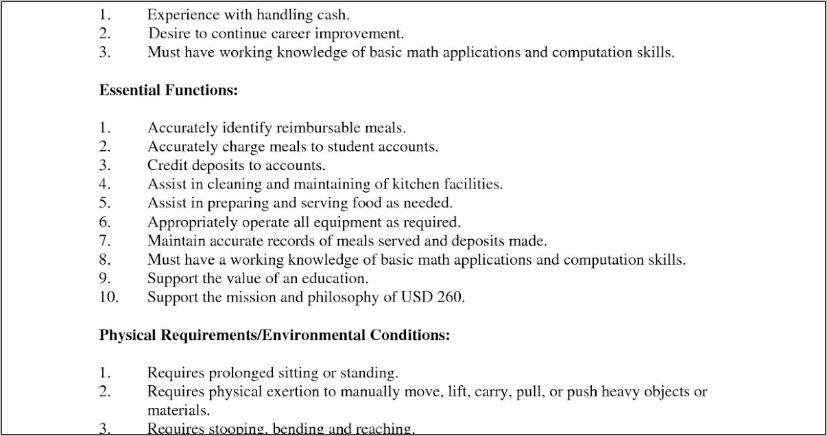 Resume For Cafeteria Assistent With No Experience