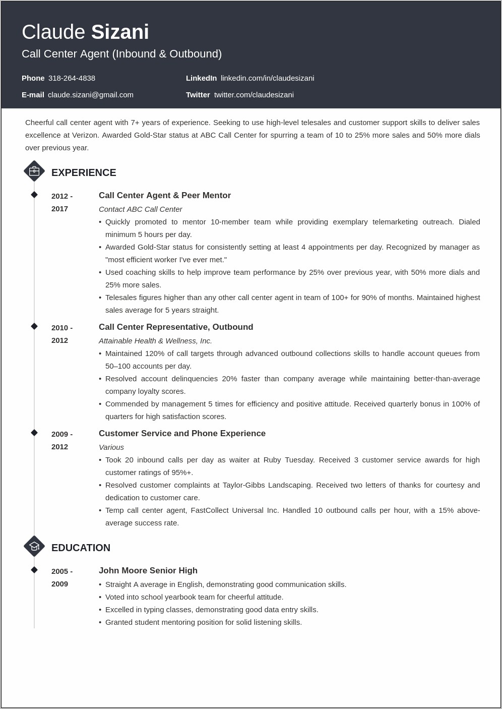 Resume For Call Center Job Example