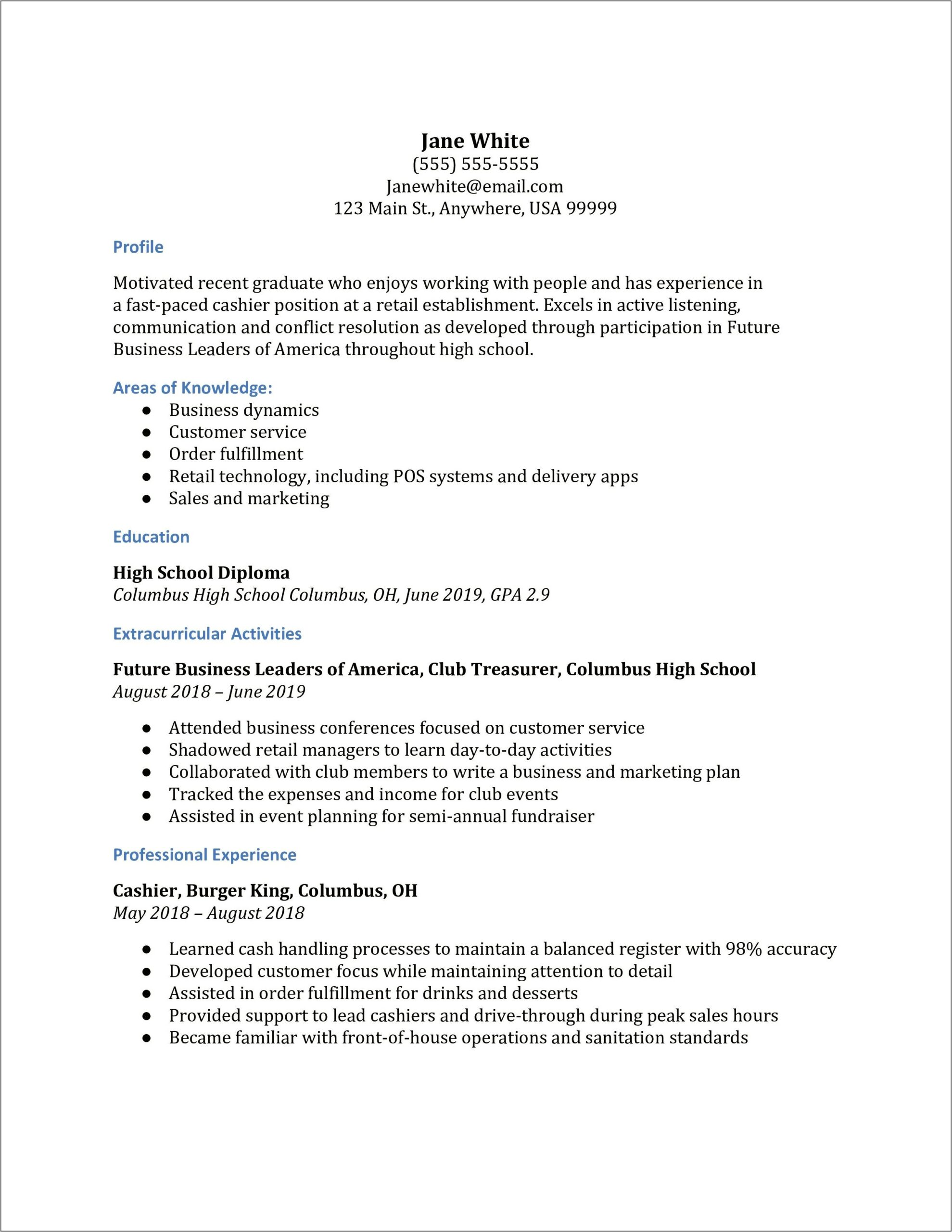 Resume For Cashier Position With No Experience