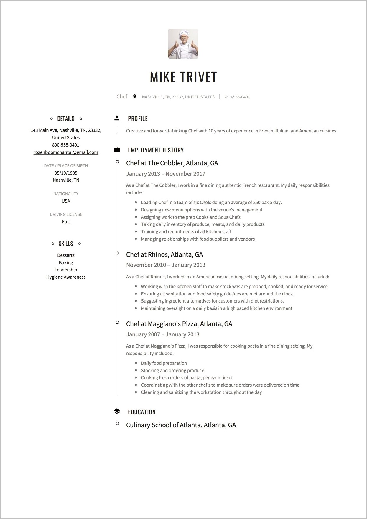 Resume For Chef Cook Free Download