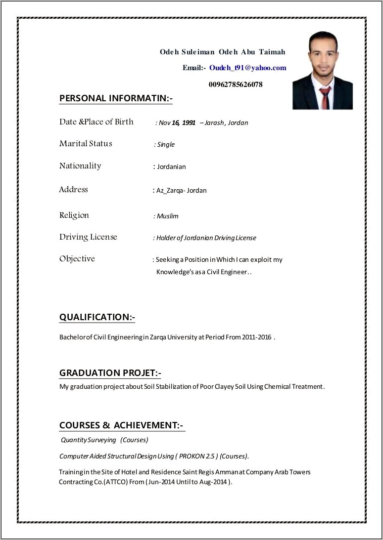 Resume For Civil Engineer With One Year Experience