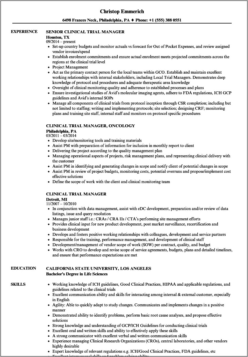 Resume For Clinical Research Project Manager