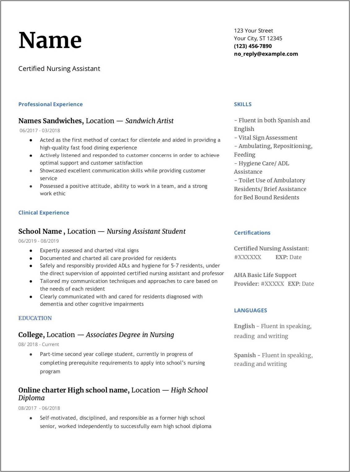 Resume For Cna Job Nursing Student