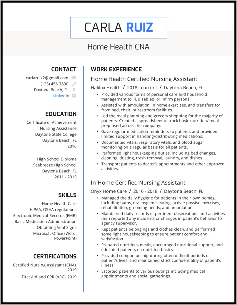 Resume For Cna With Little Experience