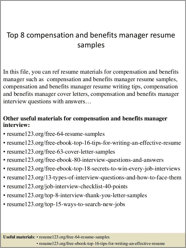 Resume For Compensation And Benefits Manager