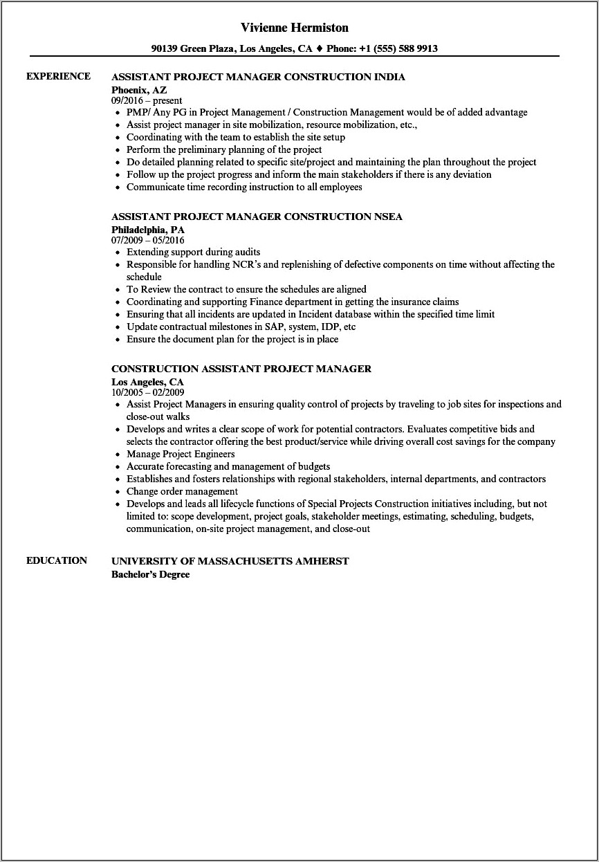 Resume For Construction Project Manager Assistant