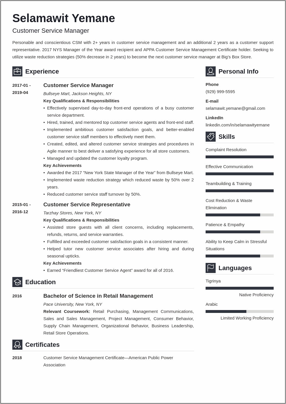 Resume For Customer Service Manager Position
