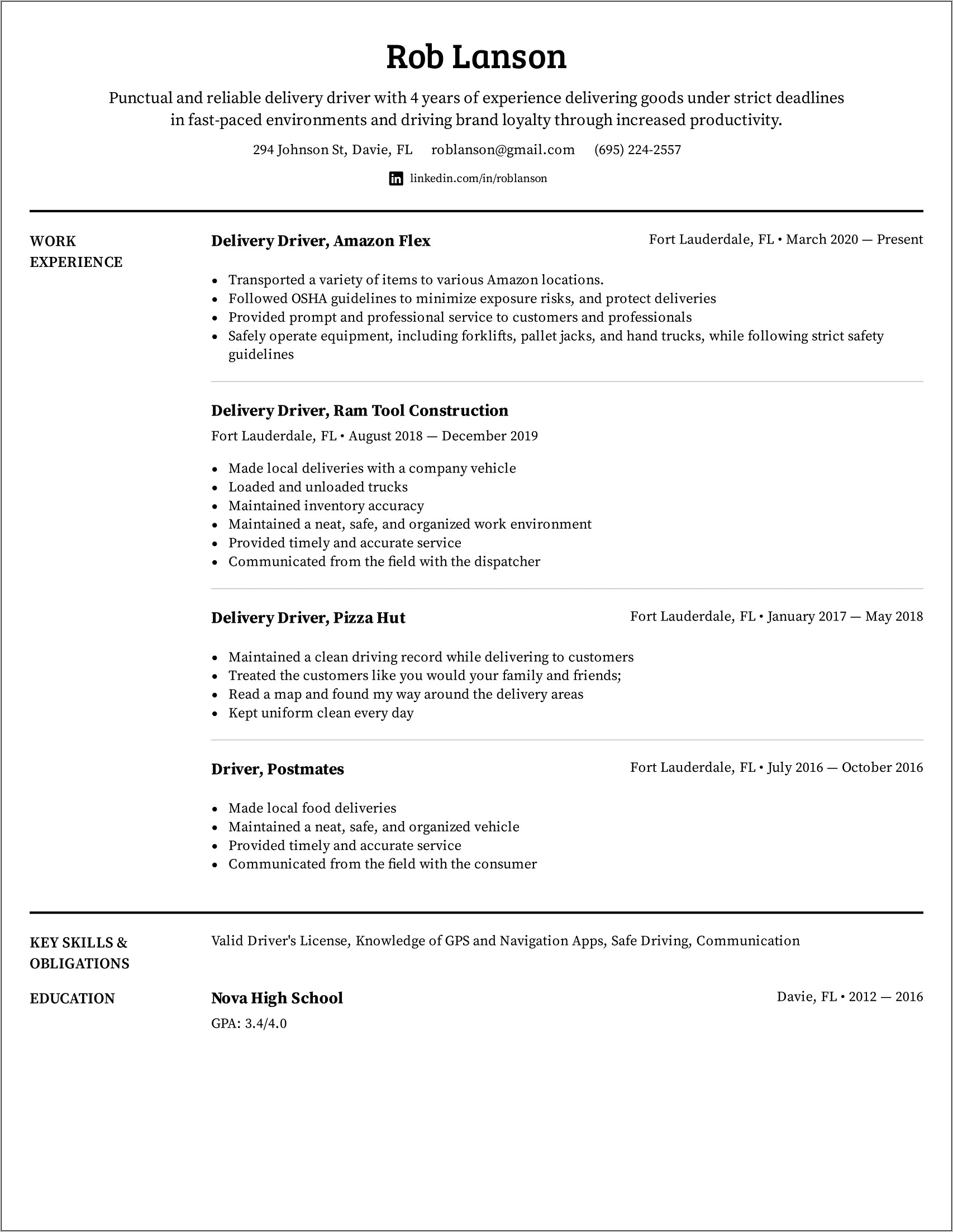 Resume For Delivery Driver No Experience