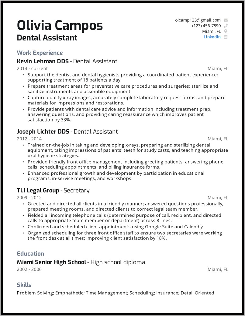 Resume For Dental Assistant Just Graduation High School