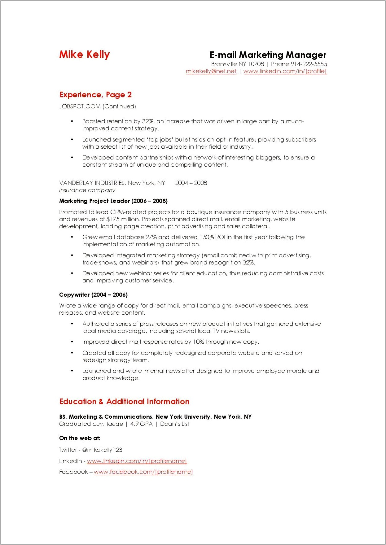 Resume For Direct Marketing Manager