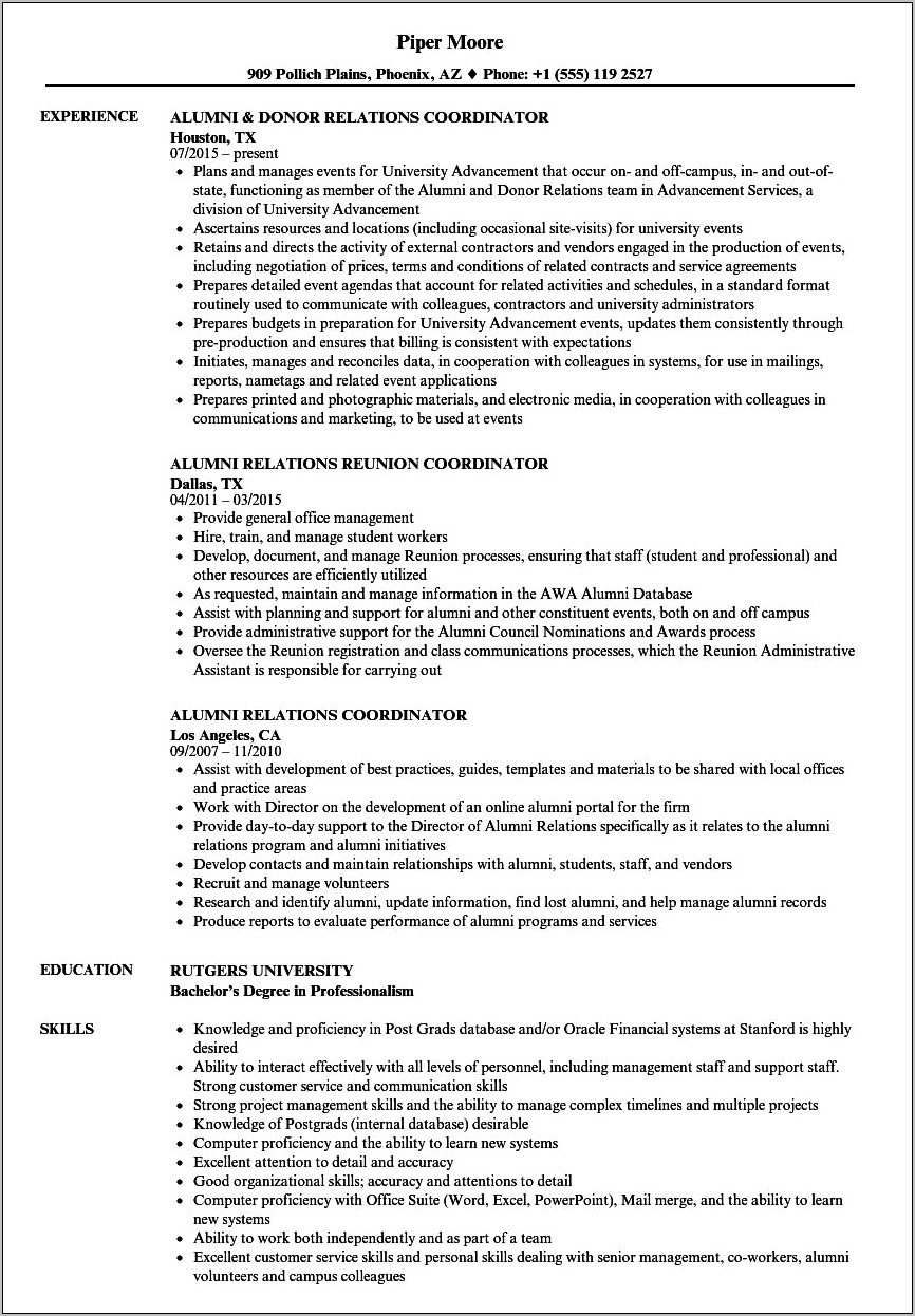 Resume For Donor Relations Manager