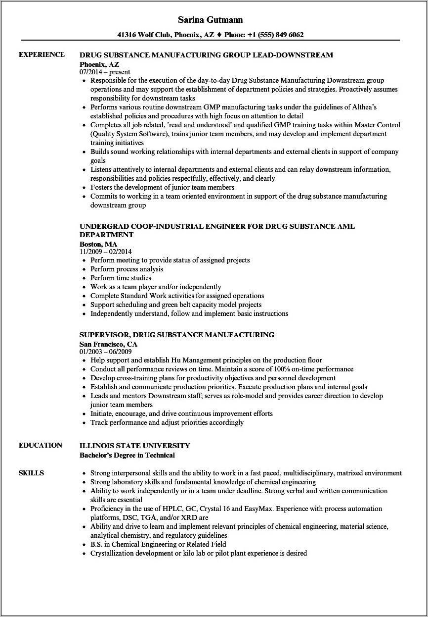 Resume For Drug Manufecture Research Shelf Life Job