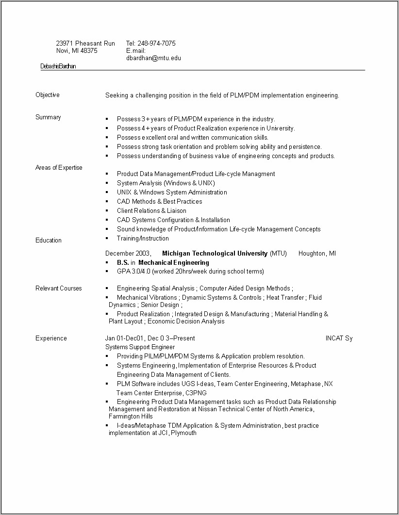 Resume For Engineer Entry Level Sample