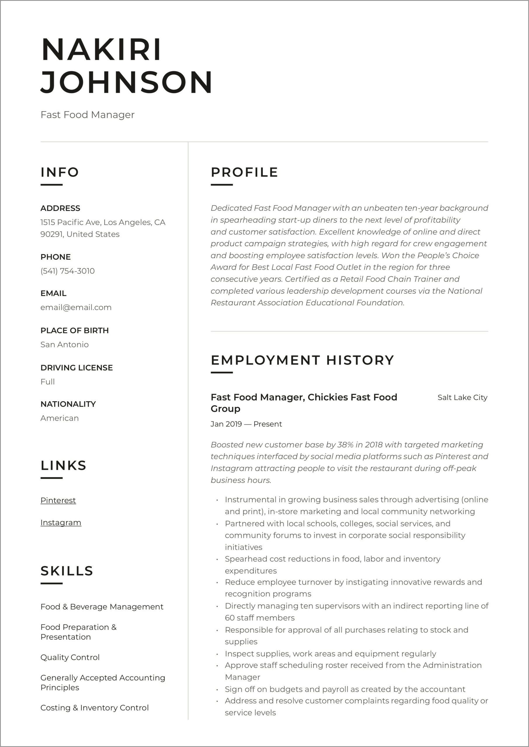 Resume For First Job Fast Food