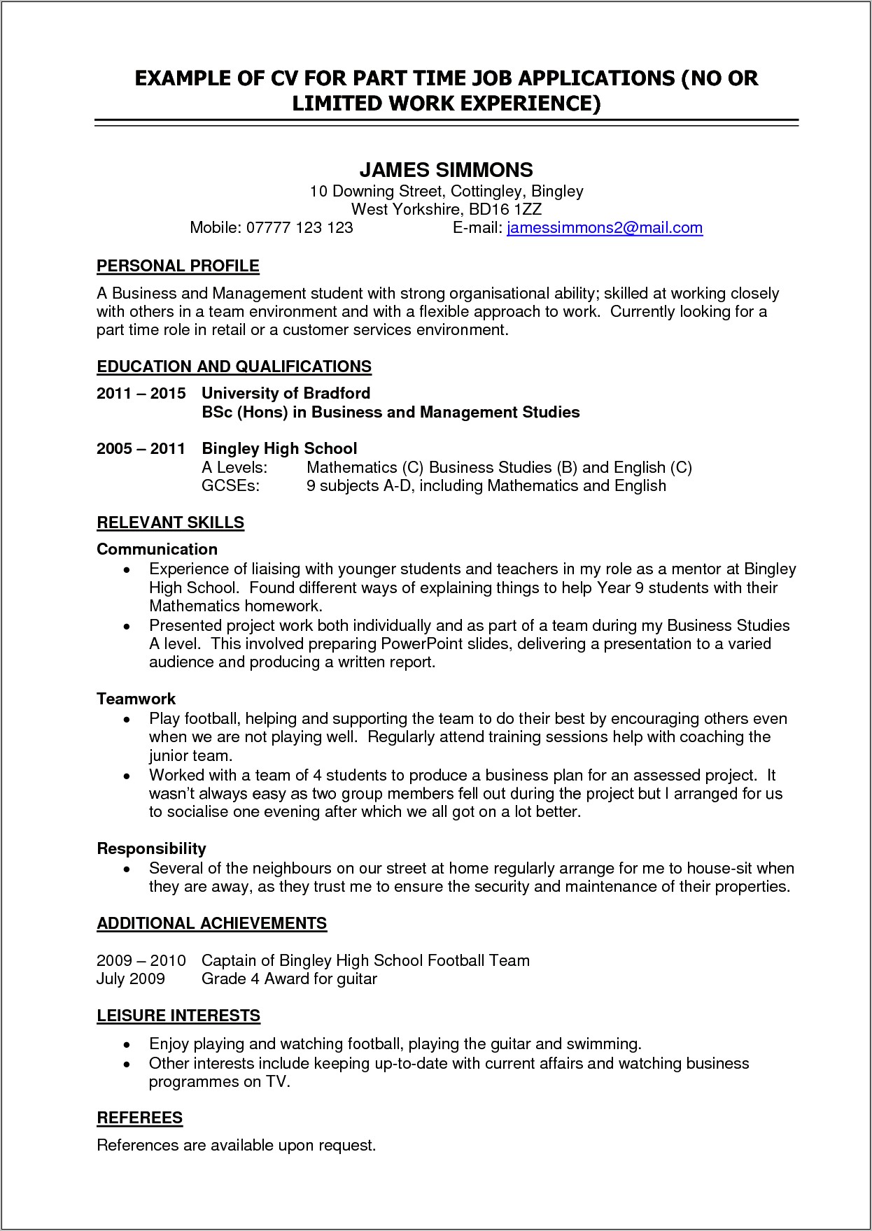 Resume For First Time Job Student