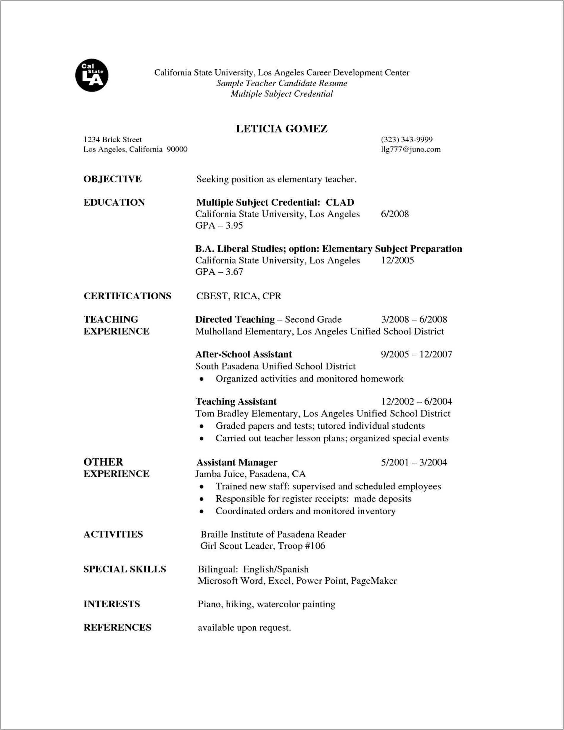 Resume For First Year Teacher Example