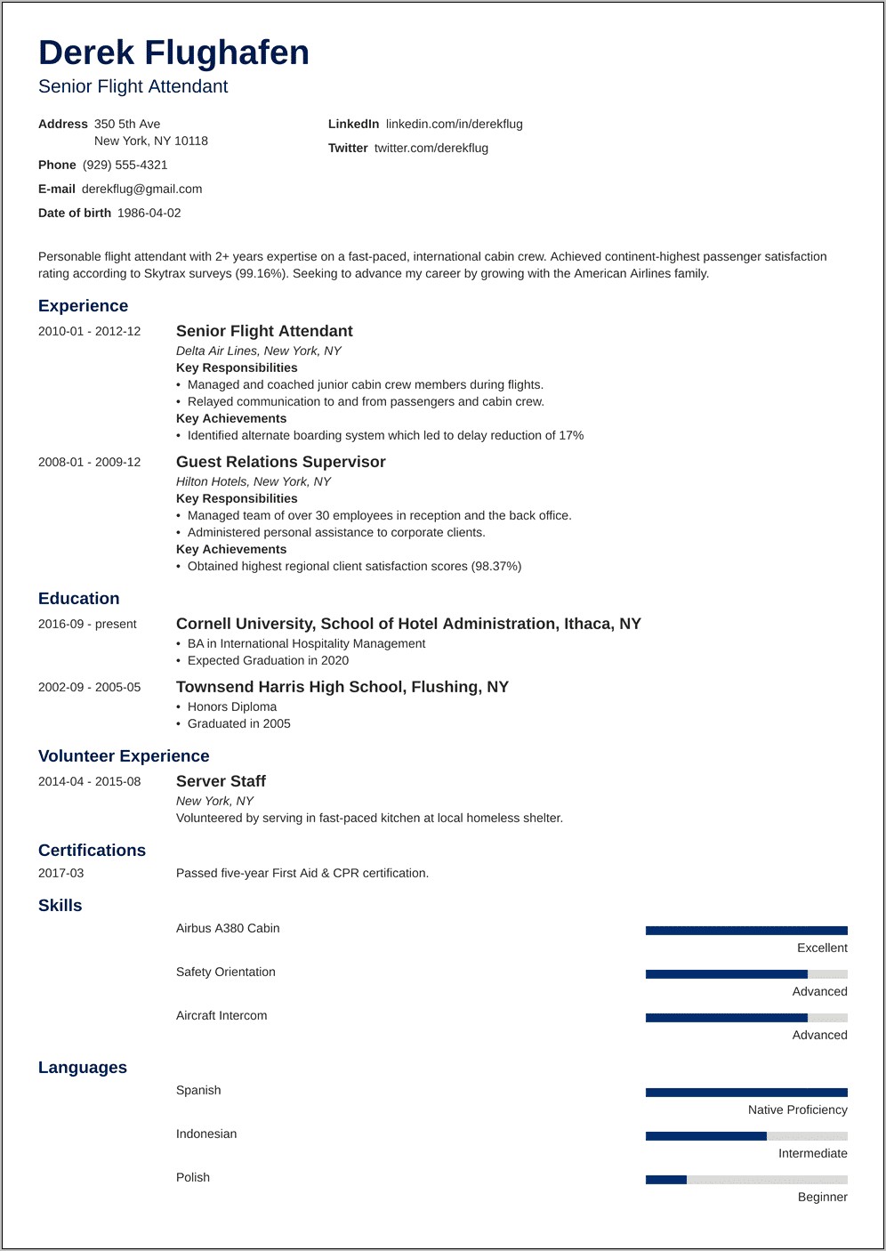 Resume For Flight Attendant With No Experience Sample