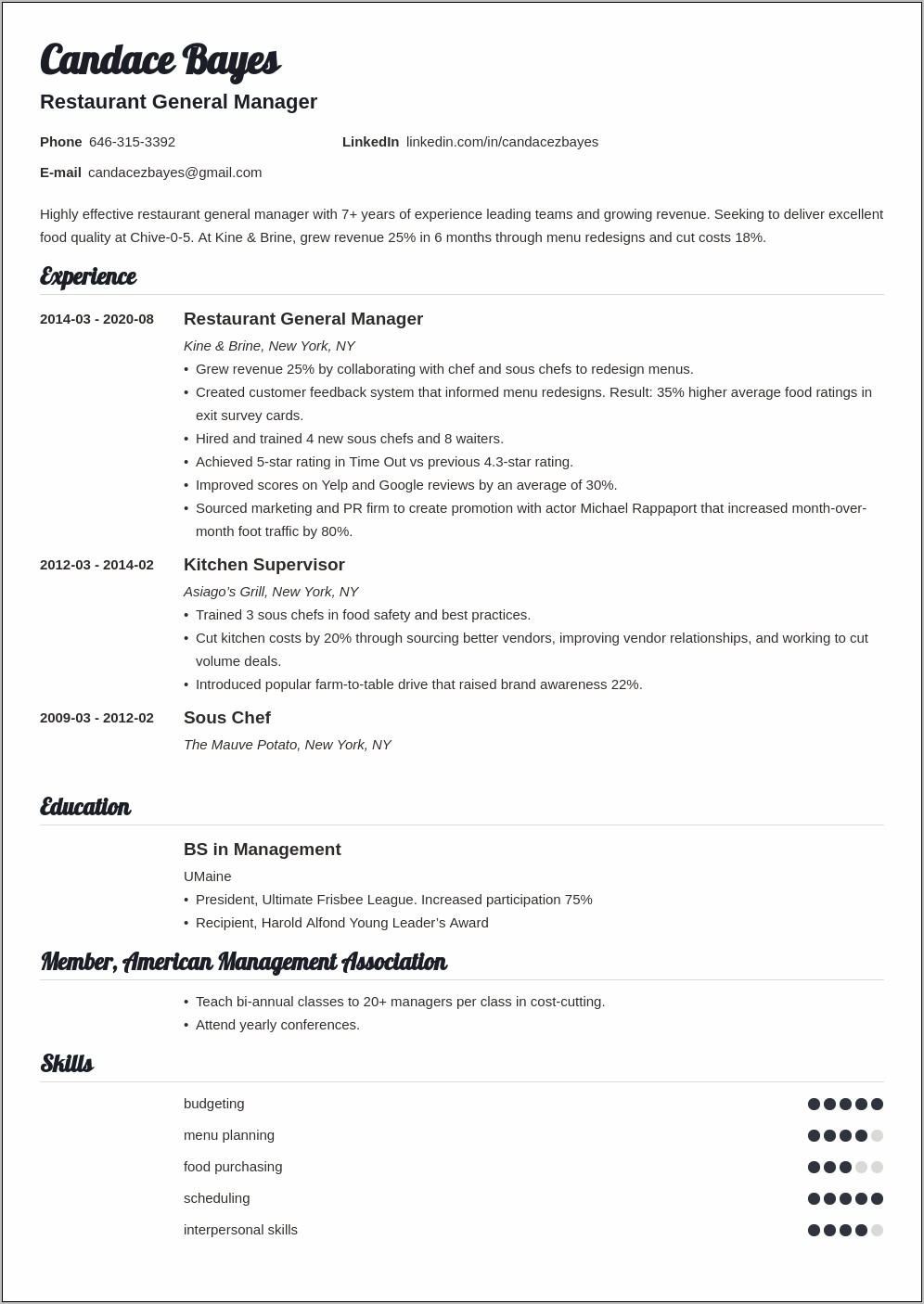 Resume For Food Service General Manager