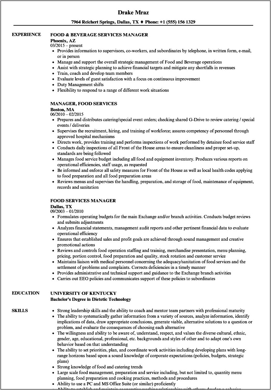 Resume For Foog Service General Manager