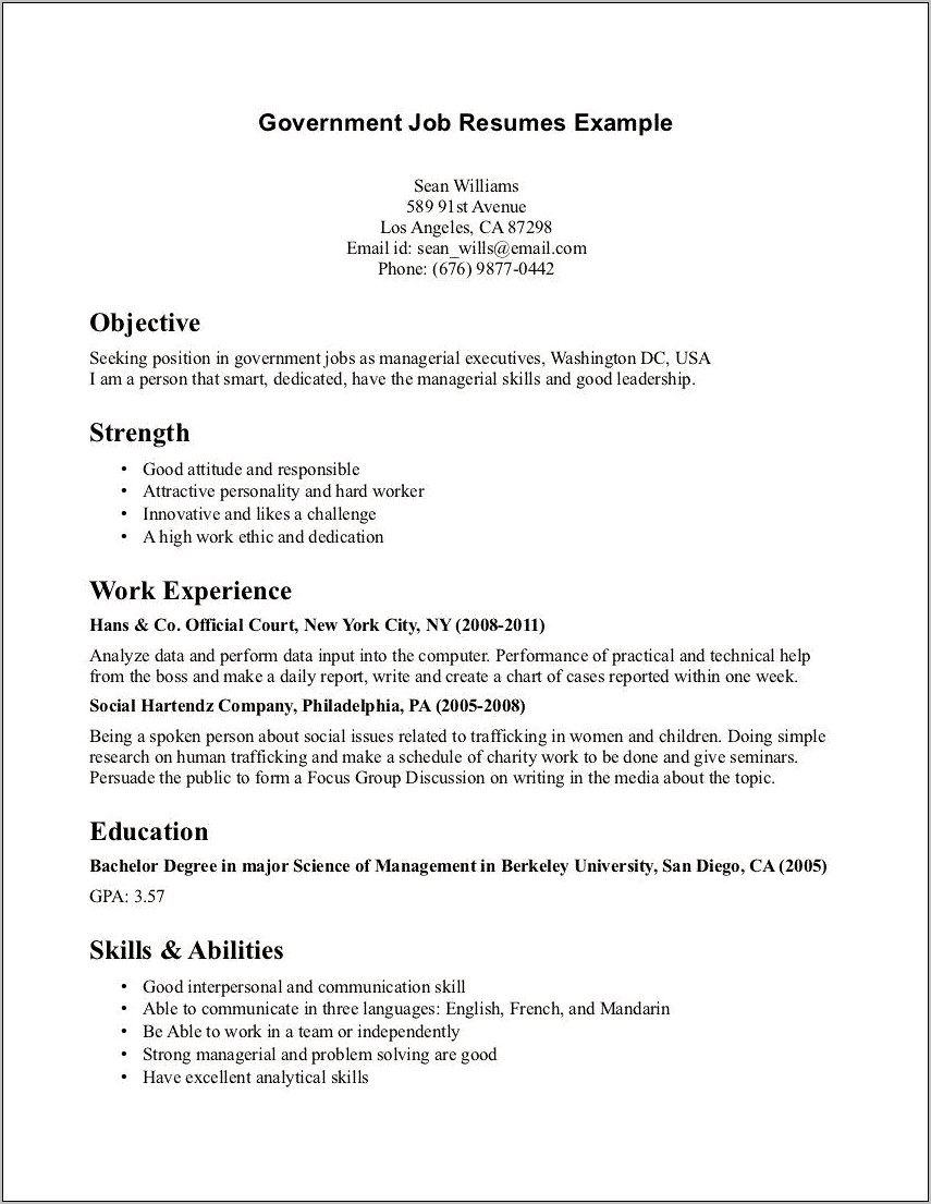 Resume For Government Job Out Of College Examples