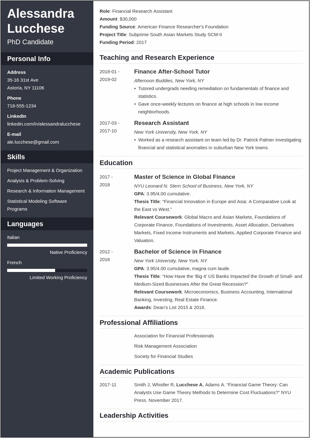 Resume For Graduate School Admission In Usa Exmaple
