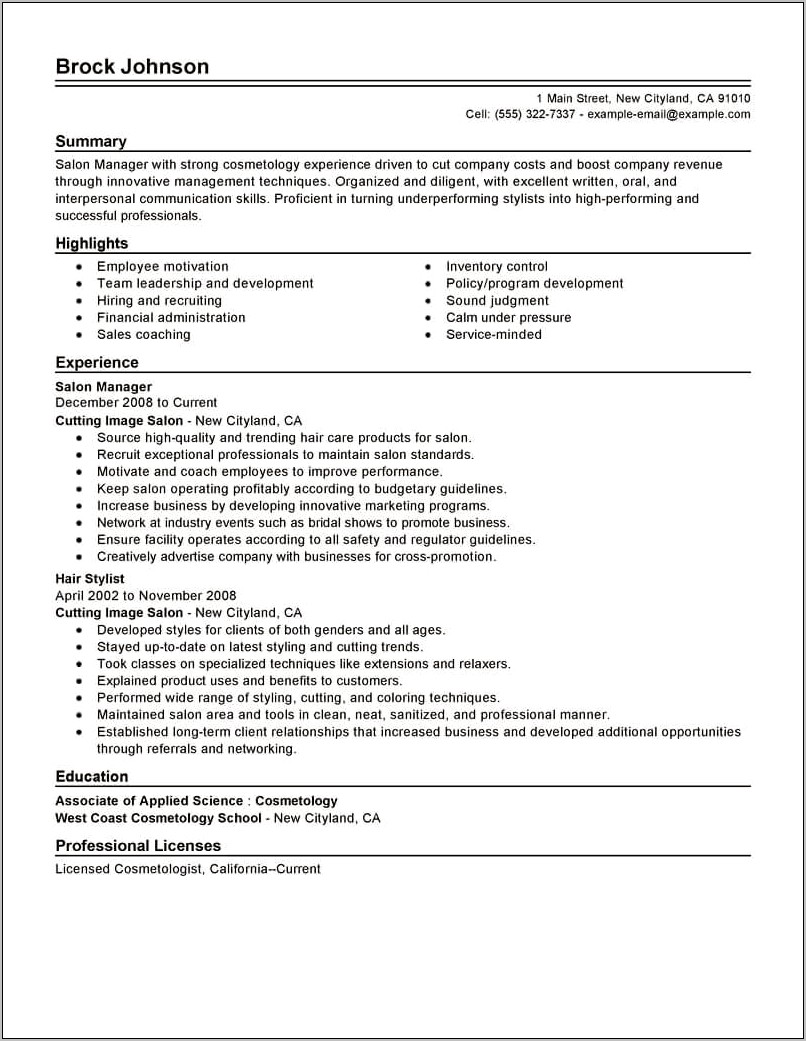 Resume For Hair Stylist To Become Salon Manager