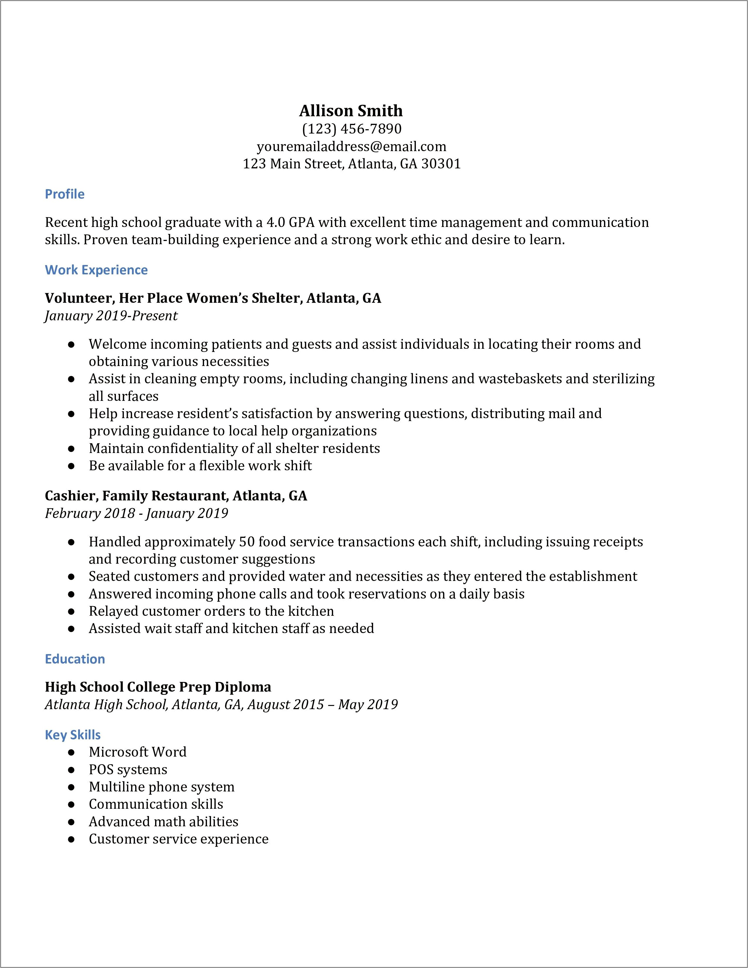 Resume For High School Graduate Examples
