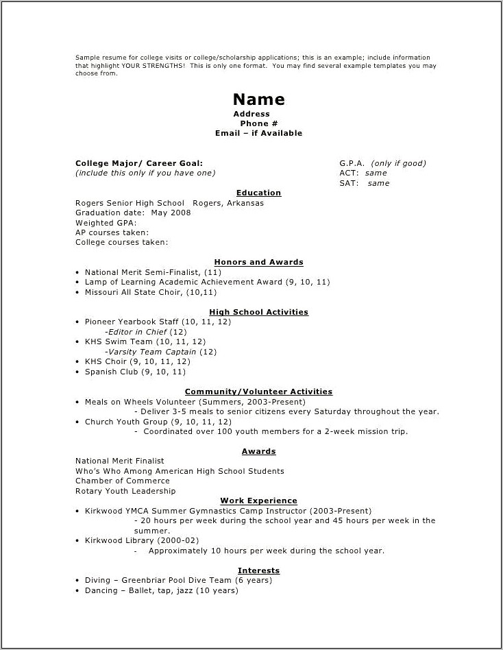 Resume For High School Senior For Work