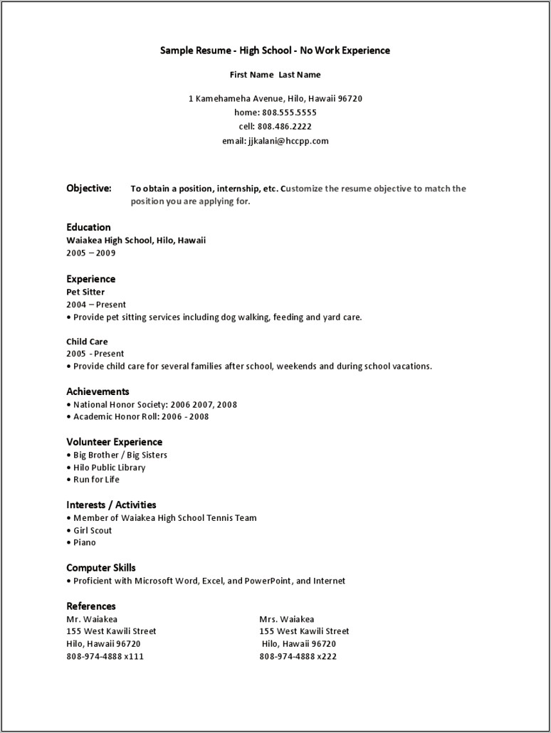 Resume For High School Student Objective