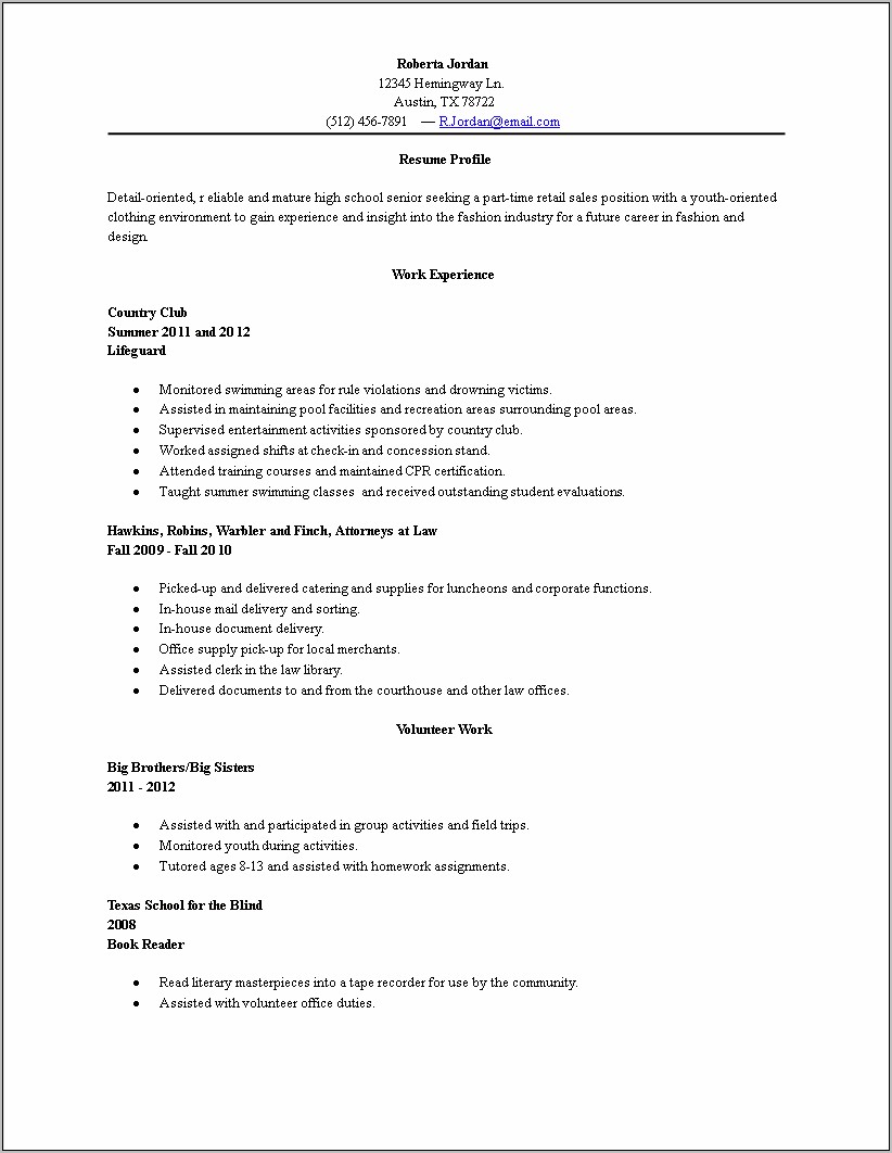Resume For High School Student Retail