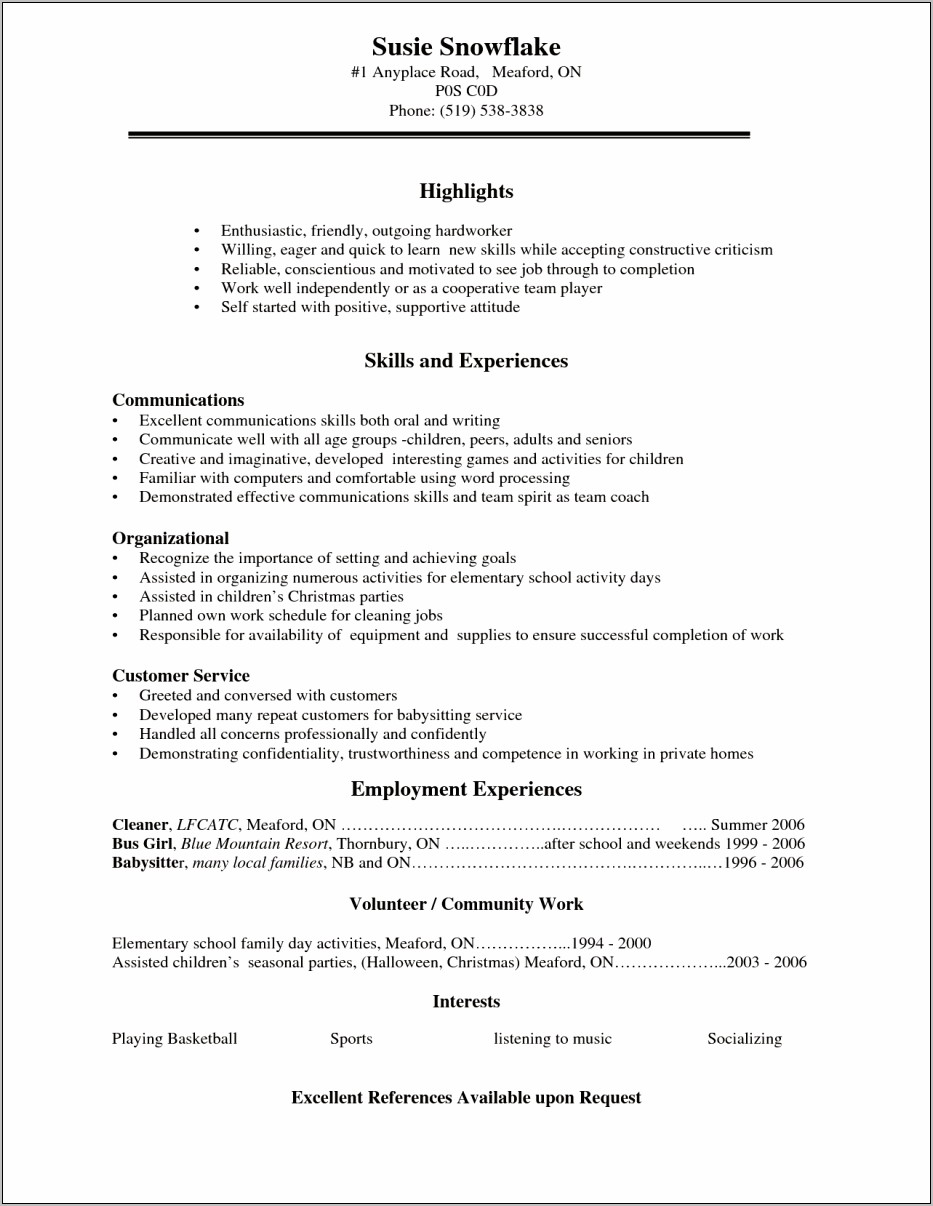 Resume For High School Student Without Work Experience