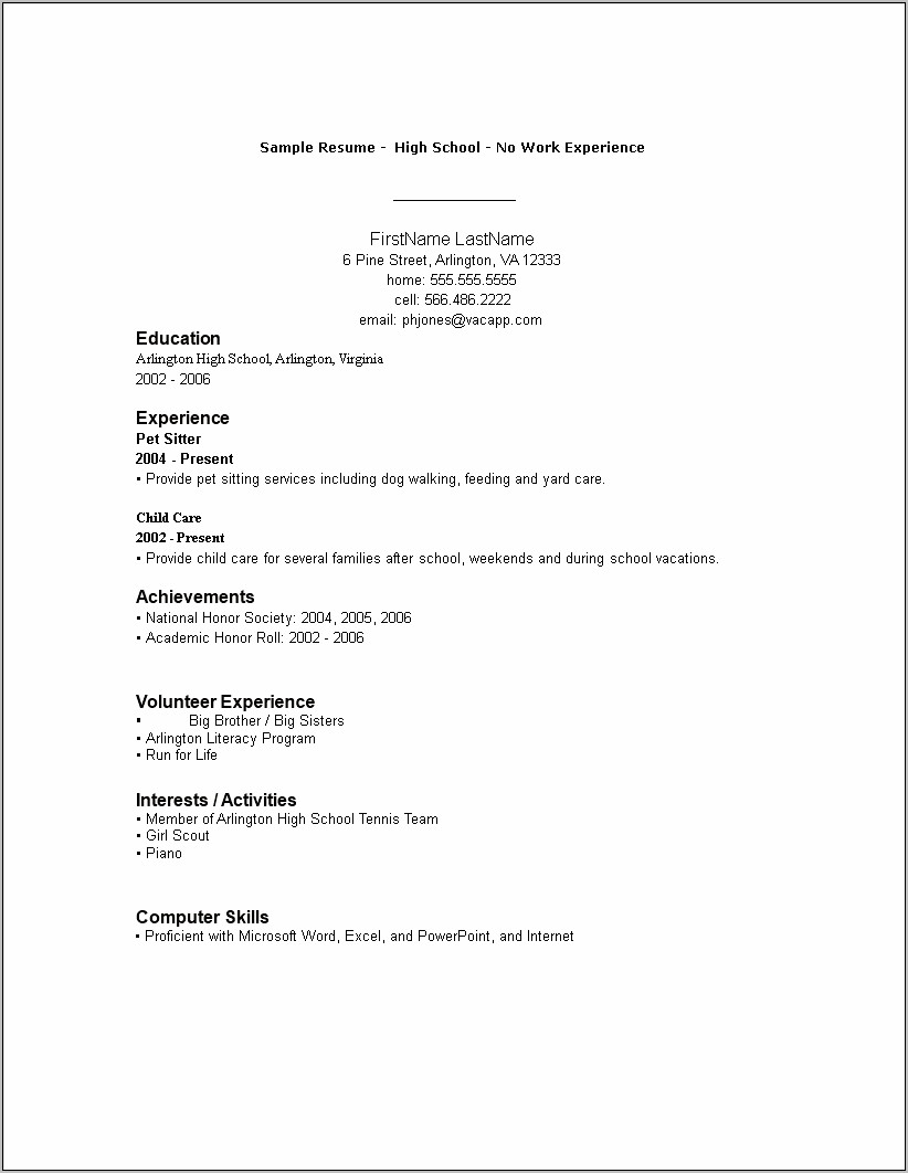 Resume For High Schooler No Work Experience