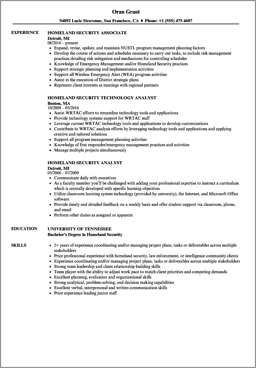 Resume For Homeland Security And Management