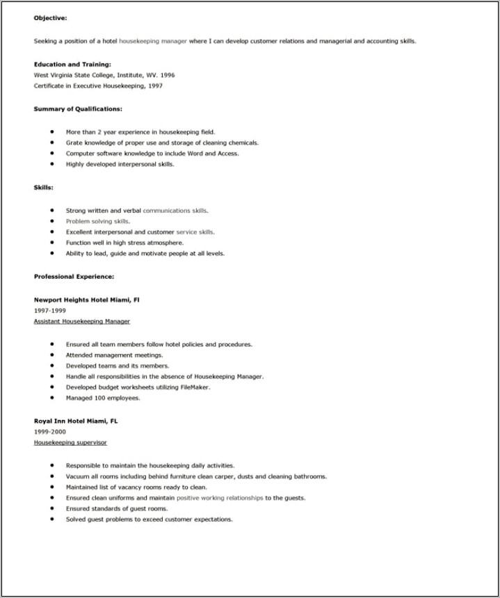Resume For Hotel Housekeeping No Experience