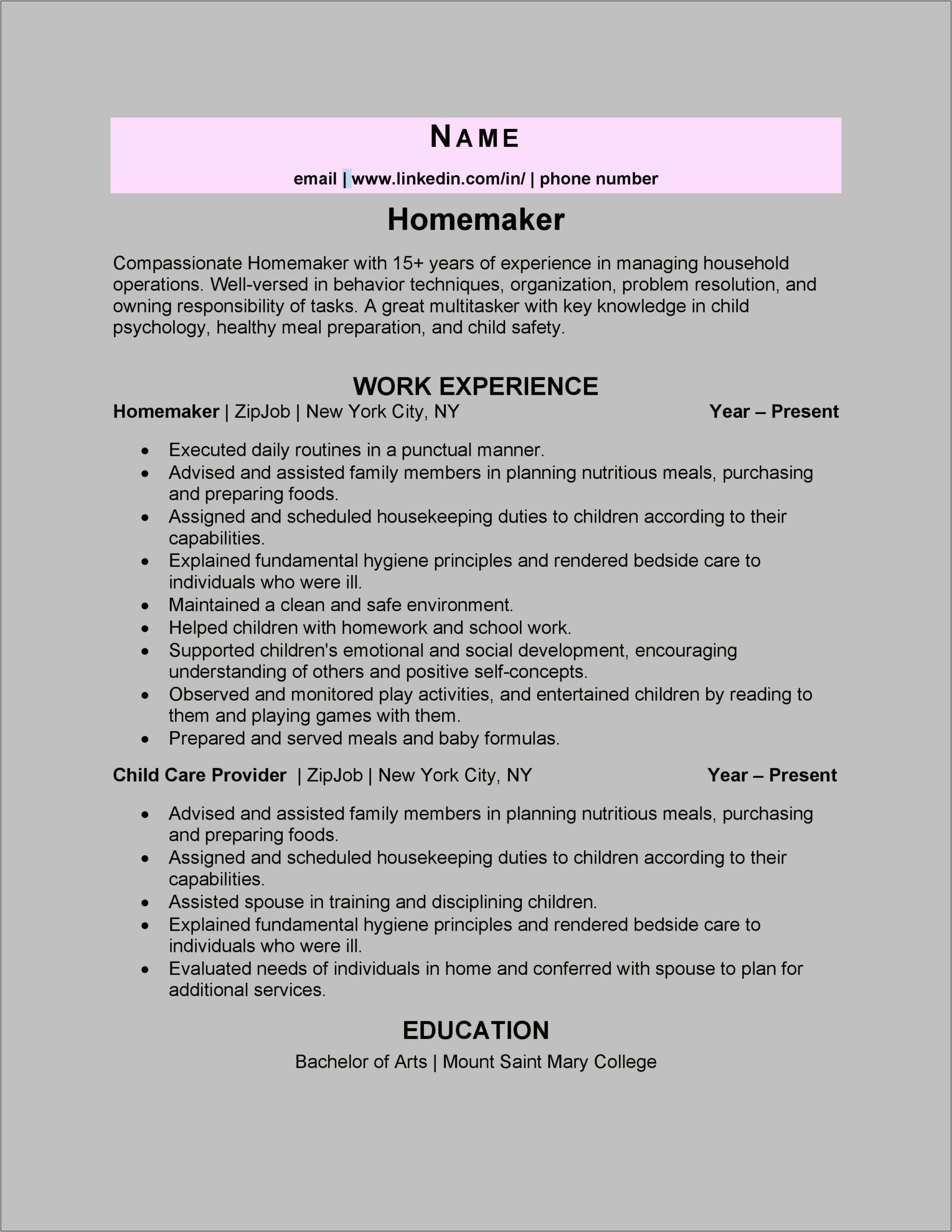 Resume For Housewife With No Work Experience
