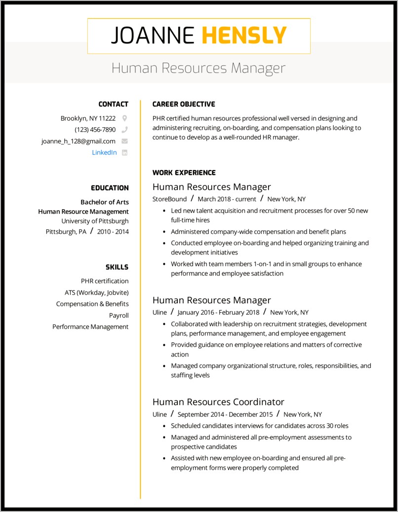 Resume For Hr Position Example