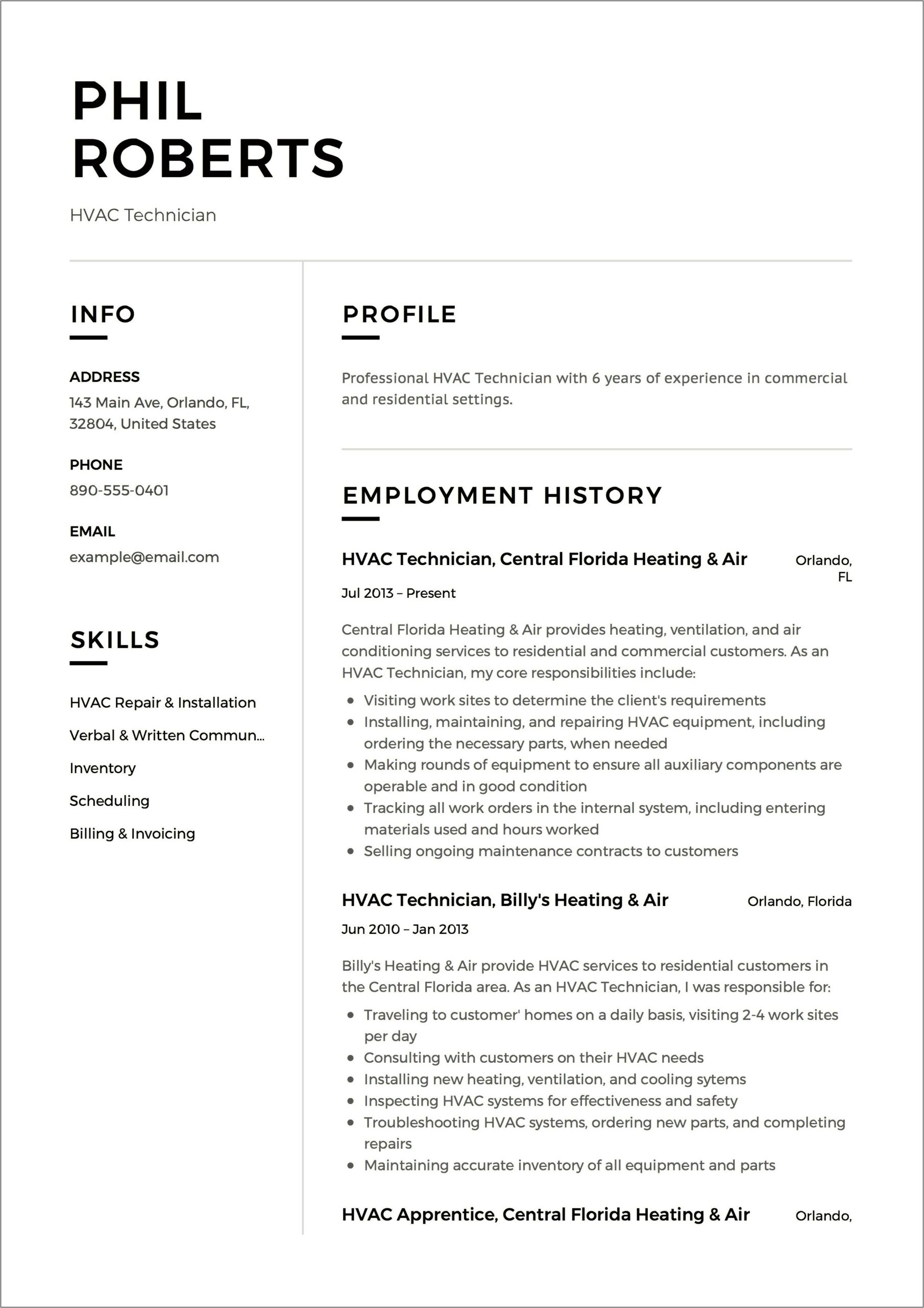 Resume For Hvac With No Experience