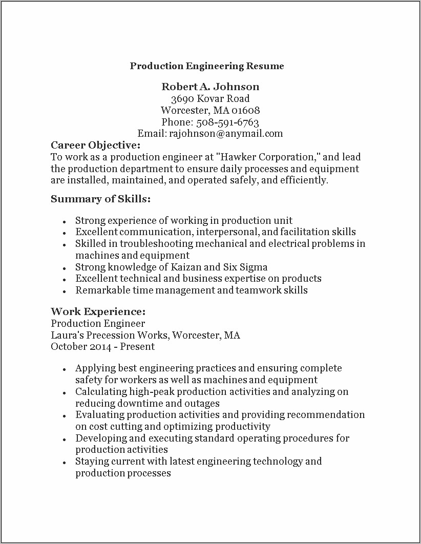 Resume For Installation Or Production Objective